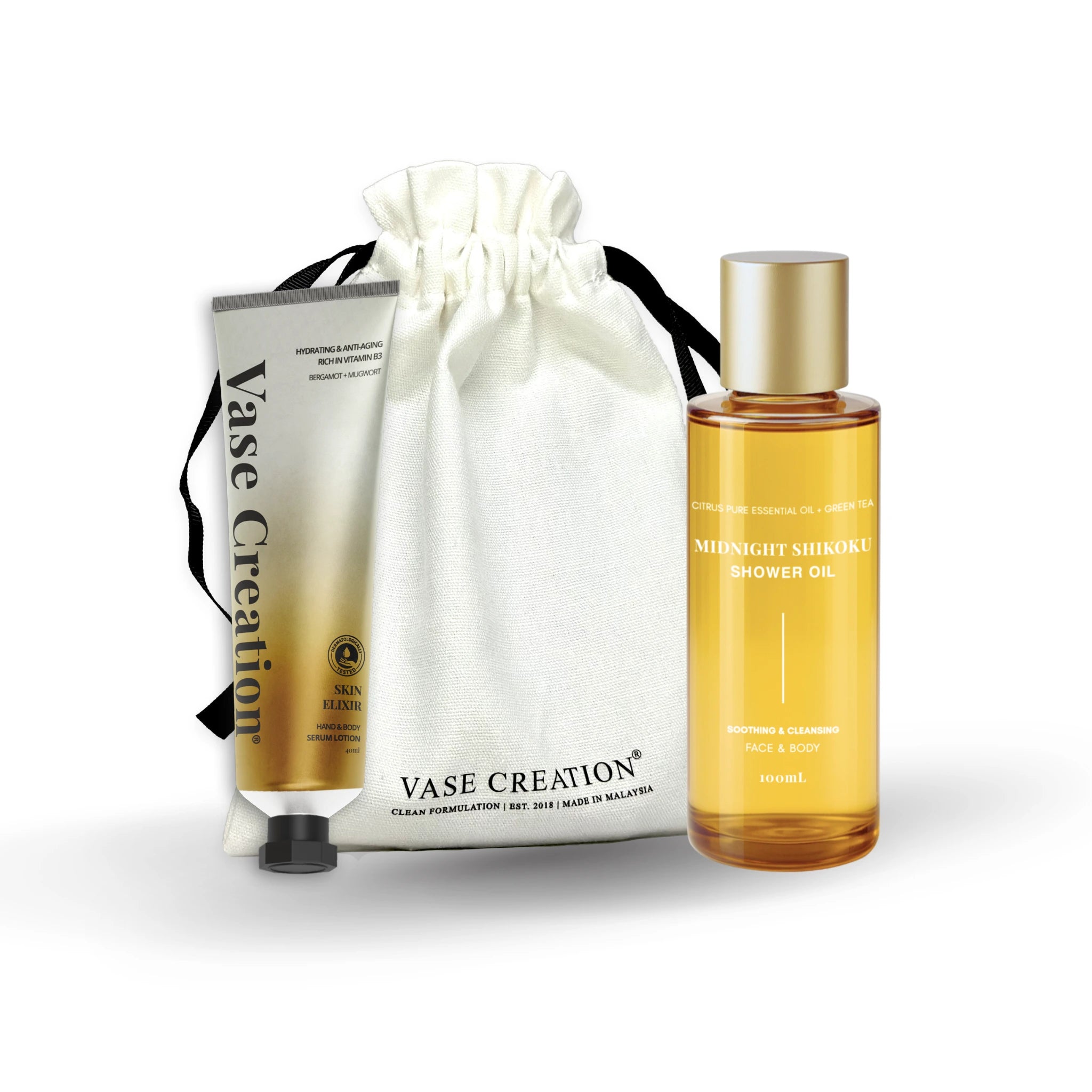 Vase Creation Explore With Us Trial Gift Bag included Midnight Shikoku Shower Oil and Skin Elixir Serum Lotion