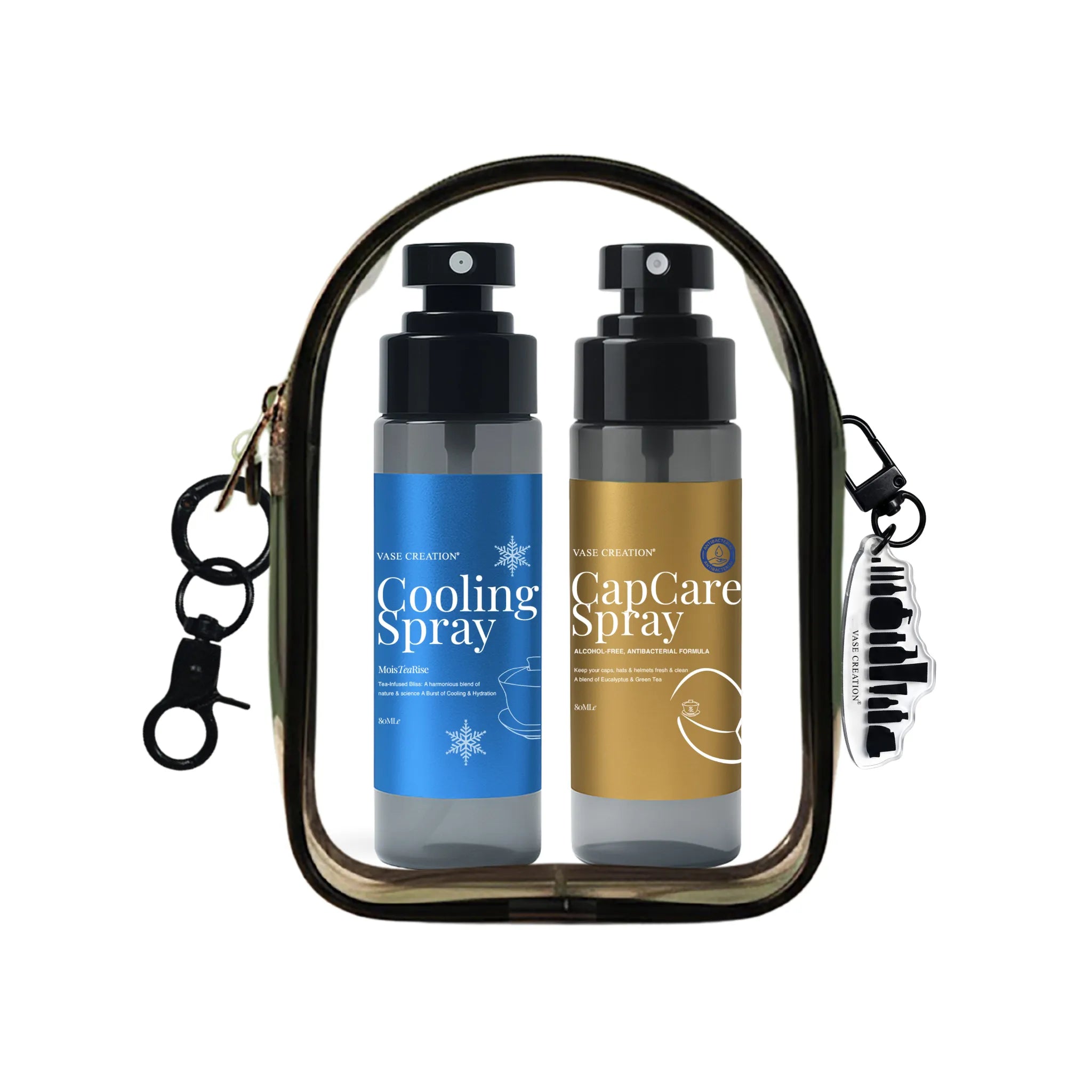 Vase Creation Fresh Tide Duo Set featuring osmanthus oolong tea body cooling spray and tea cap care spray in black pouch with Vase Creation keychain
