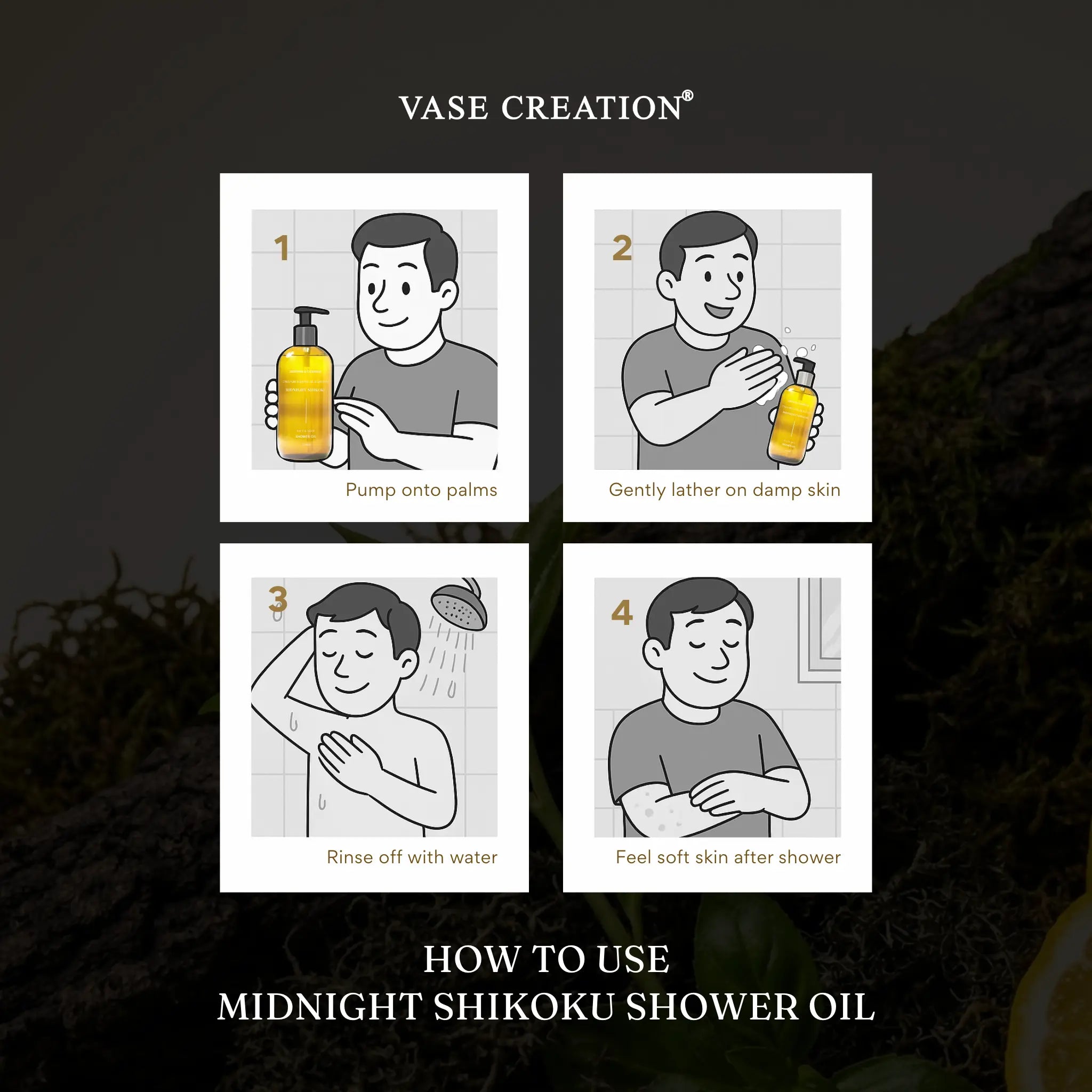 How to use Vase Creation Midnight Shikoku Shower Oil: Apply to wet skin and massage to emulsify into a milky texture.