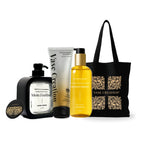 Vase Creation Tropical Ritual Body Spa Set featuring Midnight Shikoku shower oil, Skin Elixir Serum Lotion, and MoisTeaRise Hand wash in Malaysian heritage batik tote cotton bag