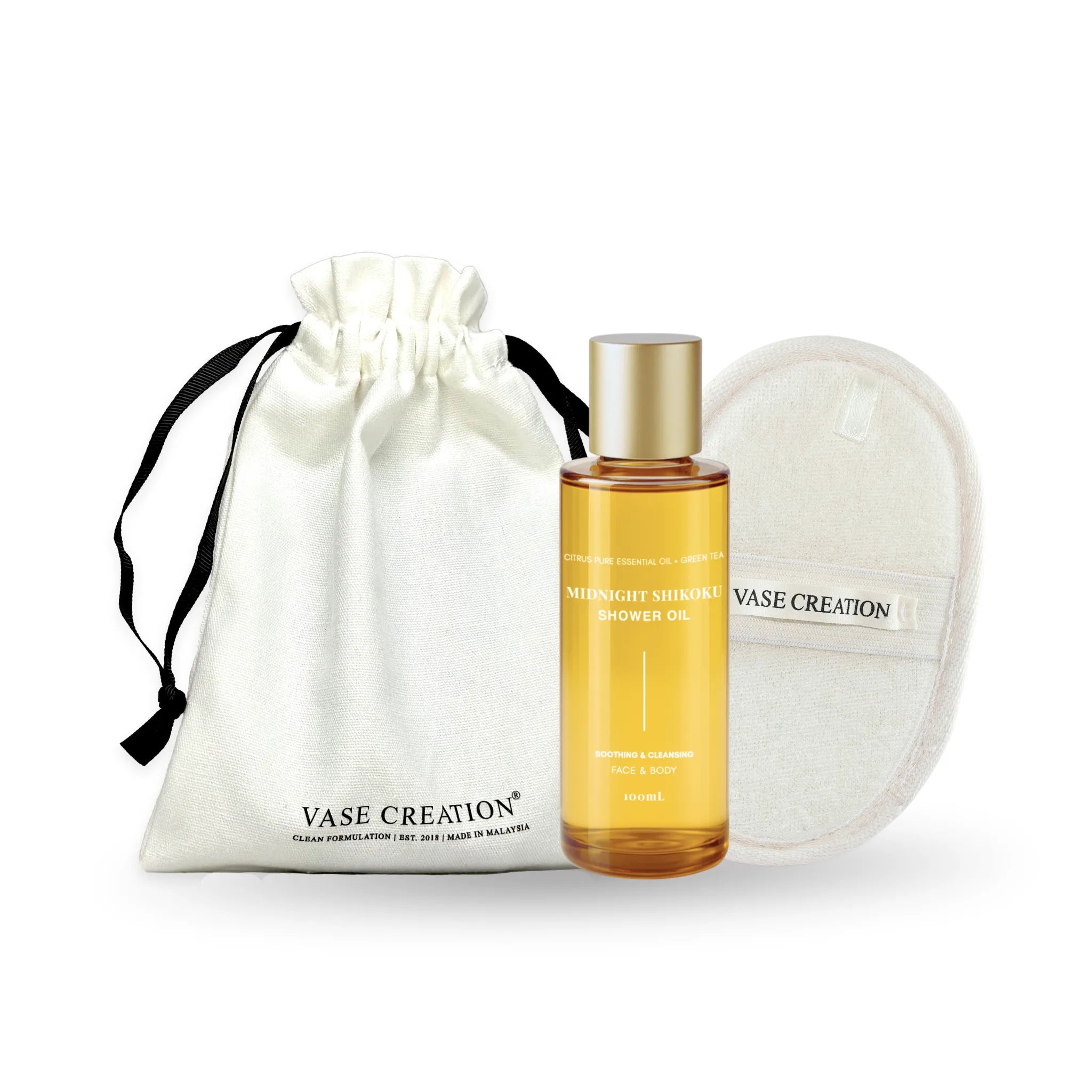 Vase Creation Wanderlust Shower Travel Kit included Midnight Shikoku Shower Oil and Loofah Pad
