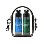 Two spray bottles labeled 'Cooling Spray' and 'Tenang Spray' in a clear case with keychain attachments on a white background. Brand from Vase Creation