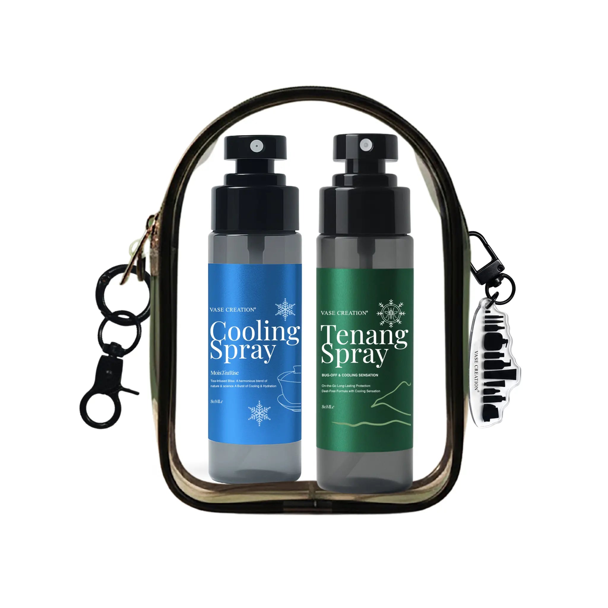 Two spray bottles labeled 'Cooling Spray' and 'Tenang Spray' in a clear case with keychain attachments on a white background. Brand from Vase Creation