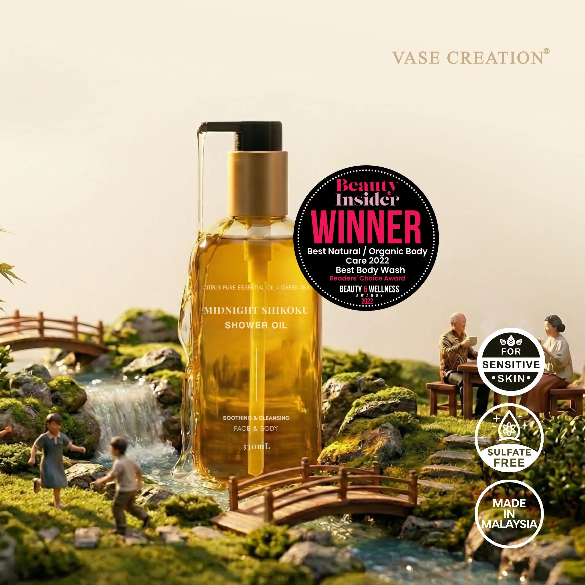 Vase Creation Midnight Shikoku Shower Oil, PENTAVITIN® infused Malaysian award-winning cleansing oil for face and body care