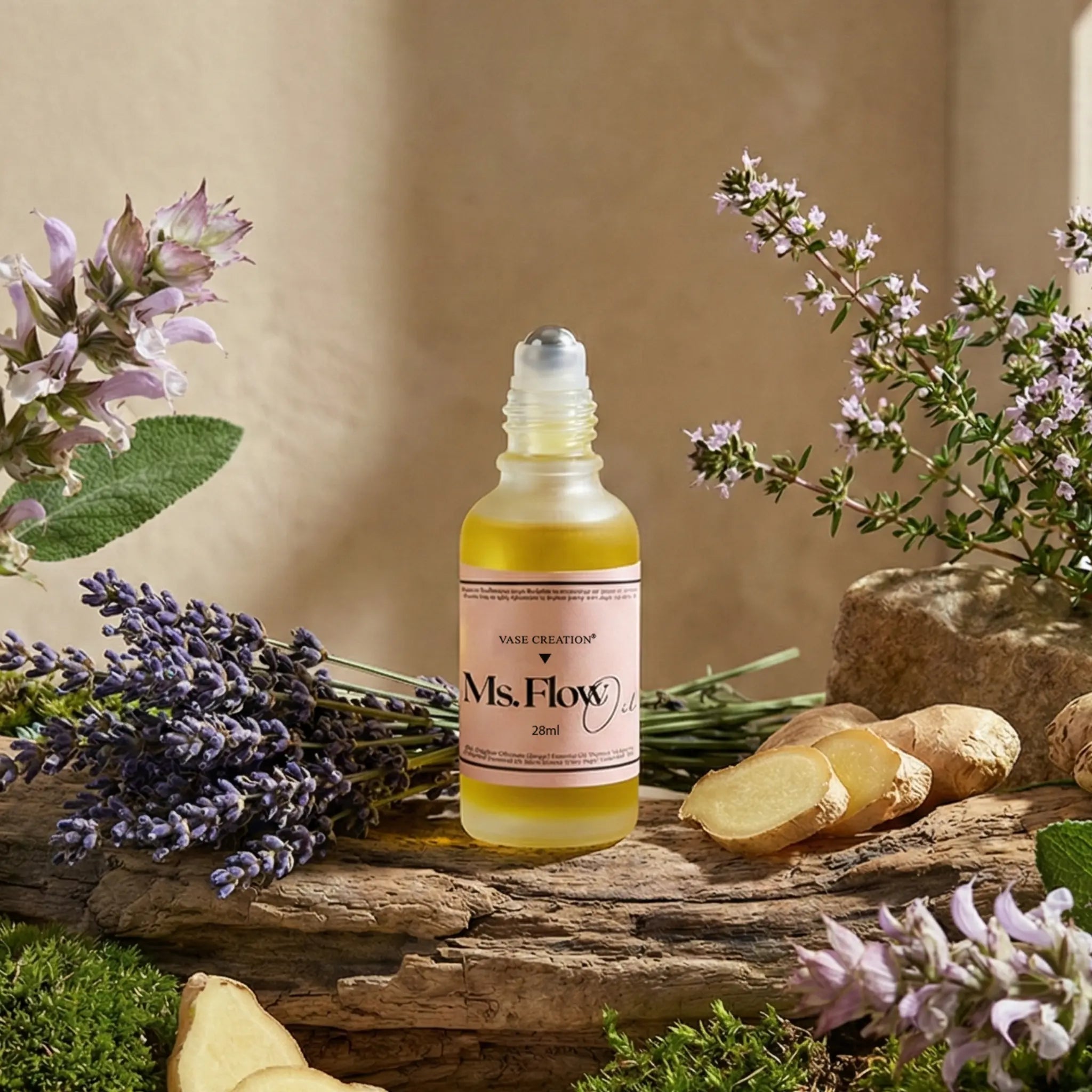 Vase Creation Ms Flow Menstrual Massage Oil 28ml - Warming relief roller for period cramps