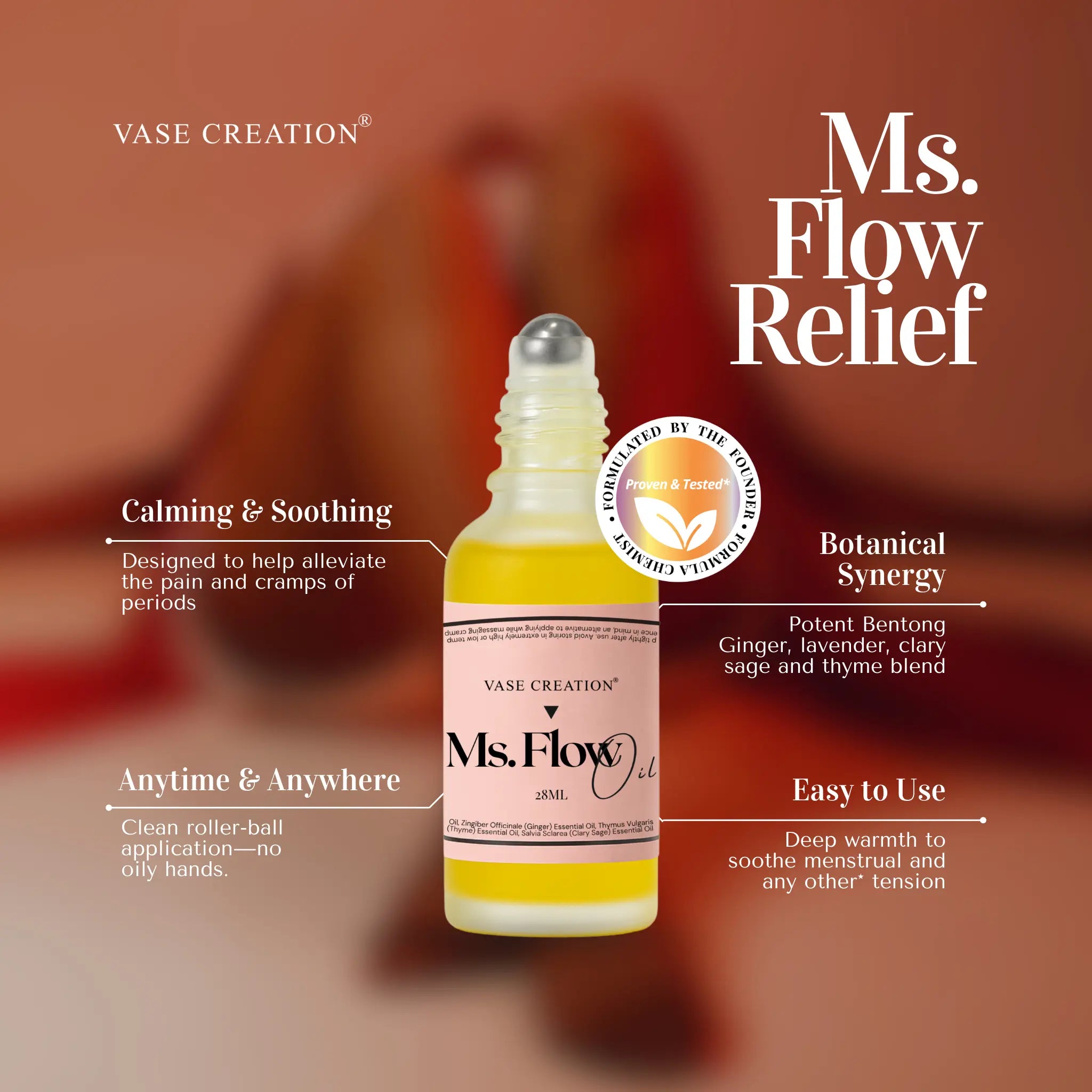 Vase Creation Ms Flow Menstrual Massage Oil - Malaysian ginger essential oil for deep warming and comfort