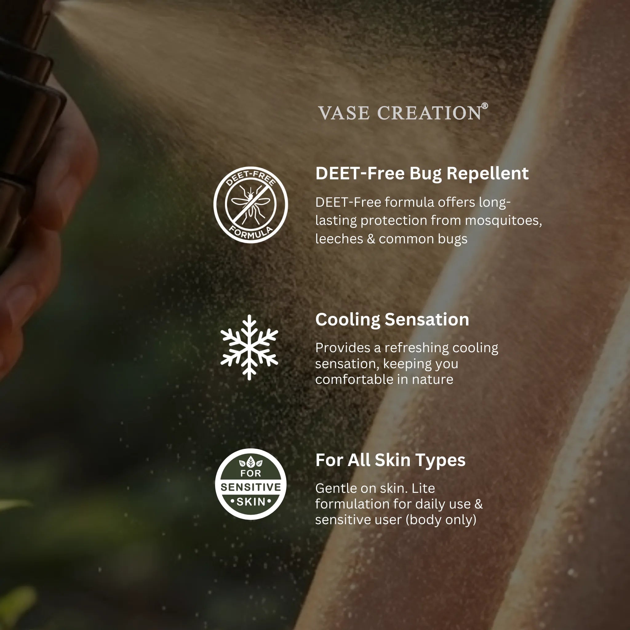 Vase Creation Deet-Free Bug-Repellent Cooling Tenang Spray for body - Product Features